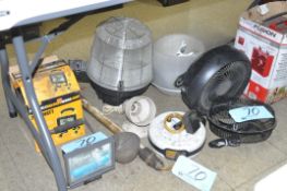 Lot-(2) Fans, (4) Lights and (1) Retractable Cord Light on Floor Under (1) Table