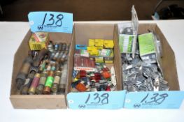 Lot-Industrial Fuses, Buss Fuses, and Clips in (3) Boxes on (1) Shelf