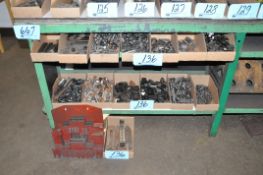 Lot-Various Hold Down Tooling in (14)Boxes on (2) Shelves with (2) Hold Down Tooling Stands on Floor