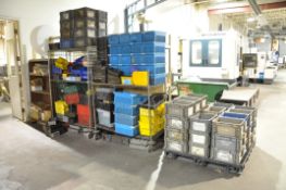Lot-(2) Sections Wire Shelving, (1) Shelving Unit, Parts Bins and Totes