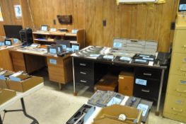Lot-(1) Shelving Unit, (4) Desks, and (1) Stand