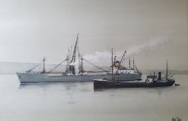 Peter Toms (20th century) Watercolour Oilers at Fawley, with a Kingfisher Gallery label verso,