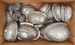 Quantity of old tin chocolate moulds to include Easter eggs, chickens, figures and others and a