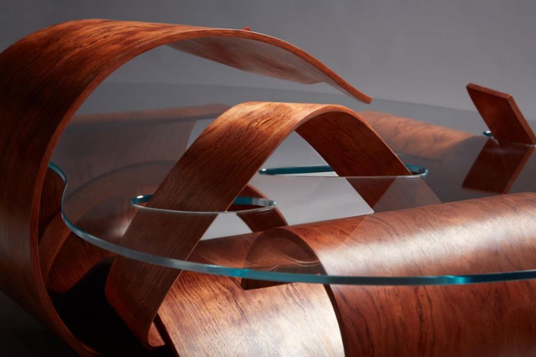 Alexander King studios, Bubinga laminate and glass 'wood shavings table' 180 x 102 x 40 cm Condition - Image 4 of 8