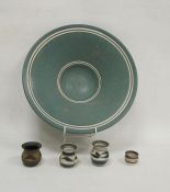 Studio pottery turquoise glazed flared bowl, 31cm diameter and four small porcelain and stoneware