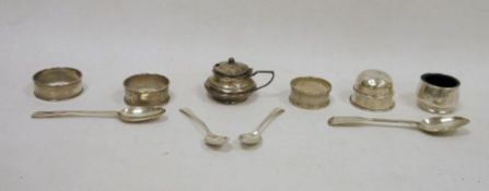 Three various silver napkin rings, Edwardian silver mustard pot, Birmingham 1908, silver salt with