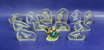 12 Wedgwood crystal clear paperweights depicting various birds and a Continental porcelain 18th