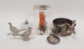 Shotgun cartridge paperweight, miniature glass and chrome scent bottle, pair small white model