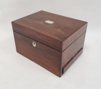 Victorian rosewood and mother-of-pearl inlaid travelling vanity box having fitted interior, glass