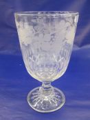 Antique cut and etched glass celery vase, the rounded body with etched fruiting vine, ovolo and