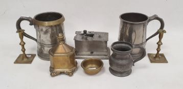 Victorian pewter quart mug with inscription, another with brass lip, old pewter inkwell with