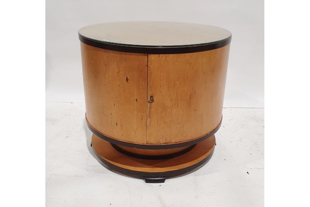 In the manner of Ray Hille, circa 1930, Art Deco cocktail cabinet of circular form, veneered in - Image 1 of 14