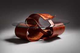 Alexander King studios, Bubinga laminate and glass 'wood shavings table' 180 x 102 x 40 cm Condition
