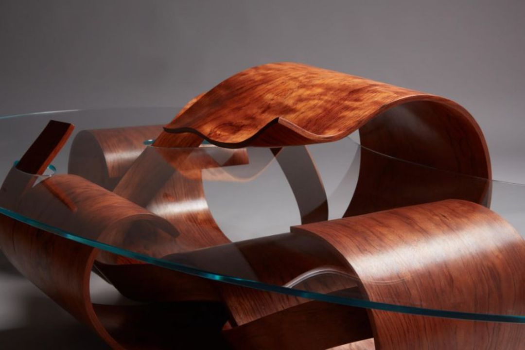 Alexander King studios, Bubinga laminate and glass 'wood shavings table' 180 x 102 x 40 cm Condition - Image 5 of 8