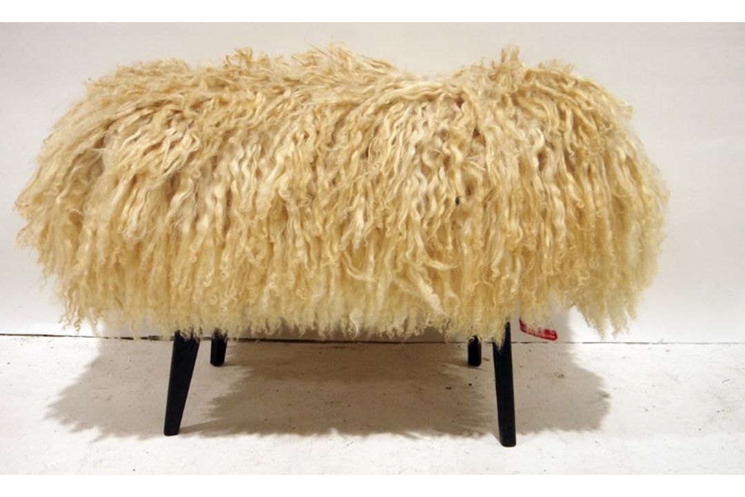 20th century Maria V Lincoln Longwool sheepskin stool (sourced from Risby sheep in Grimsby), on four - Image 1 of 6