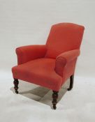 Late Victorian pink ground armchair on turned front legs to brown china castors  Condition Report