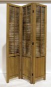 Modern oak three-fold draught screen with Venetian blind panels, 211cm high