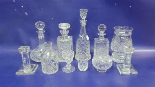 Collection of modern glass including two square-section spirit decanters and stoppers, a globular