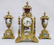 Franz Hemle Italian gilt metal and ceramic modern clock garniture, the dial marked 'Imperial' with
