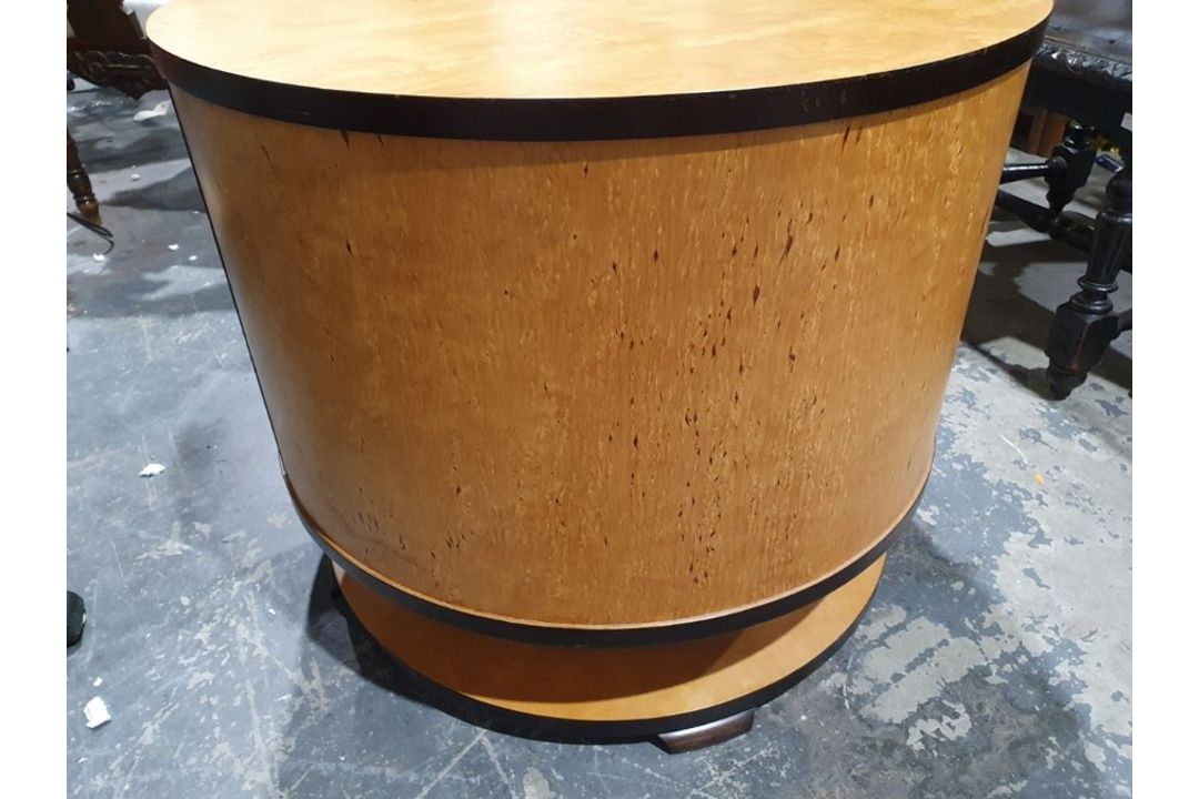 In the manner of Ray Hille, circa 1930, Art Deco cocktail cabinet of circular form, veneered in - Image 11 of 14