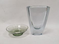 Stromberg (Sweden) engraved glass vase of compressed form, ice blue in colour, engraved with a