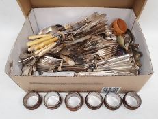 Large collection of assorted flatware, silver plated napkin rings and other items, including Atkin