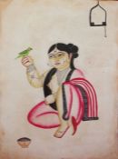 Kalighat school, possibly circa 1920's  Watercolour Figure with a parrot, 47 x 37 cm