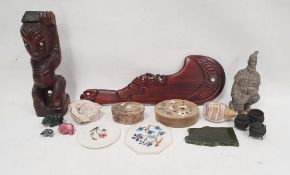 Oceanic hardwood carving of seated figure, Rotorua carved wood waitiki, sundry hardstone boxes and