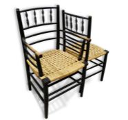Set of four (3+1) Sussex-type chairs in the manner of Morris & Co, black stained frames with spindle