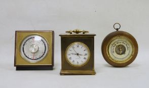 Oak cased wall-hanging barometer, a modern quartz mantel clock and a temperature and humidity