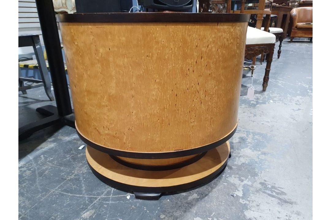 In the manner of Ray Hille, circa 1930, Art Deco cocktail cabinet of circular form, veneered in - Image 3 of 14