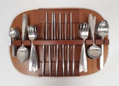 Mid century modern Elkington steel cutlery set on teak tray