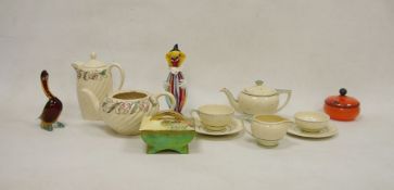 Susie Cooper part tea service painted with pink spots within green bands, comprising a teapot and