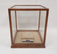 Old oak and glazed square display cabinet on narrow plinth base, 33cm high
