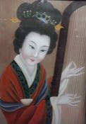 20th century Chinese school  Reverse glass painting Figure with harp 47.5 x 33.5 cm