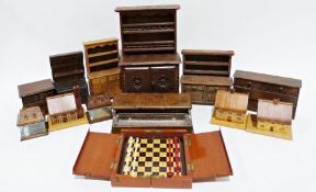 Collection of wooden doll's house furniture and various wooden boxes and candleholders in the form