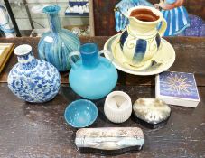 Green and blue striped glass bottle vase, blue satin glass vase with pair clear ring handles and