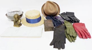 Cut glass pedestal bowl, a bronze bust of Winston Churchill, various lady's leather gloves, two