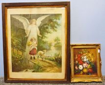 An Oil on canvas of lakeside cabin, another, a still life of flowers in a vase and a