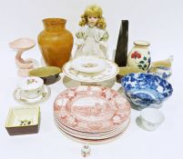 Modern group pottery urn and jug, various linen, lace and embroidery together with further