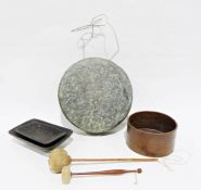 Hand beaten metal gong with two gong mallets together with three wooden bowls (6)