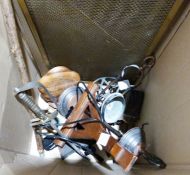 Large copper haystack jug, two copper teapots, a walking stick with a ram's horn handle together