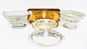 Four wooden letter press frames, a copper jardiniere, Portuguese twin handled planter, one other
