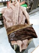 Fry's of Southampton fur stole, a fur coat together with assorted linen and lace (1 box)