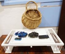 White painted wood and cane bedside tray with removable inner tray, adjustable stand and magazine