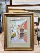 Watercolour River scene with building, unsigned together with a modern gilt framed mirror (2)