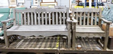 Wooden garden table and four chairs together with two wooden garden benches (7)