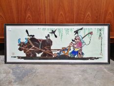 Modern Japanese painting of a farmer and ox ploughing a field, signed and another Mediterranean