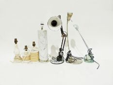 Large cylindrical marble table lamp together with a further baluster shaped mahogany table lamp