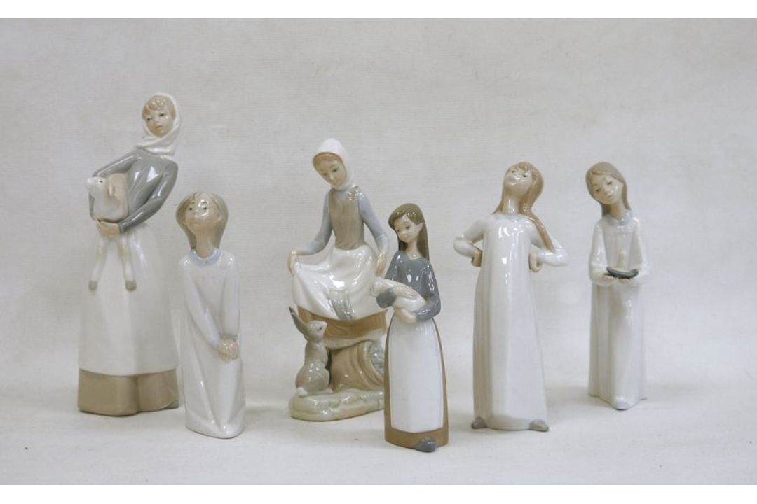 Six Lladro figures of girls, printed blue and impressed marks, including a figure of a girl and a - Image 1 of 5